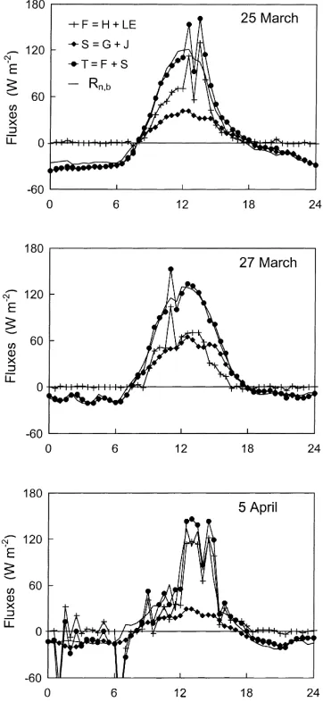 Fig. 4. Diurnal variation of net radiation (Rn,b), the sum of eddyﬂuxes (F), the total storage (S) and the sum of eddy ﬂuxes andstorage terms (T), below the forest canopy, for 25 and 27 Marchand 5 April 1998.