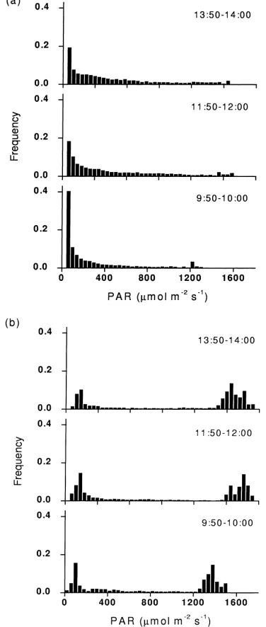 Fig. 5. Frequency distributions of instantaneous PAR measurementsat (a) 6.6 m and (b) 8.6 m