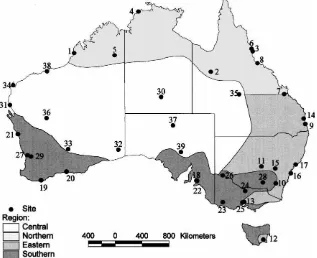Fig. 1. Sites with historical recordings of radiation, rainfall and temperatures and geographic and climatic regimes of Australia