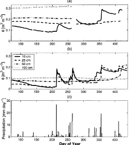 Fig. 4. Volumetric soil moisture under the (a) sacaton and (b) mesquite sites measured at 0.1, 0.25, 0.5 and 1.0 m depth along with the(c) daily precipitation for the period of March 1997–1998