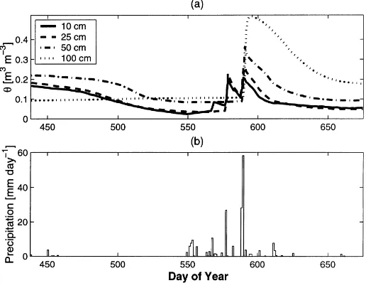 Fig. 5. (a) Average daily volumetric soil moisture, θ (m3 m−3) at 0.1, 0.25, 0.50 and 1.0 m depth under the mesquite site for the extendedperiod of March 1998–November 1998