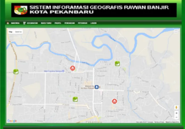 Gambar 5. Tampilan Halaman User  Pada  gambar  5  merupakan  cara  melihat  kondisi  setiap  kecamatan  di  Kota  Pekanbaru,  kondisi  tersebut  tergantung  berdasarkan  warnanya,  warna  merah  kondisi  banjir  besar,  kondisi  hijau  normal,  dan  kondis