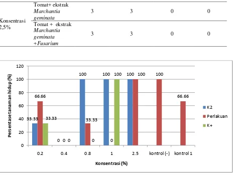 Gambar 4 Efektivitas daya hambat ekstrak Marchantia geminata dan fungisida sintetik terhadap pertumbuhan Fusarium oxysporum secara in vivo 