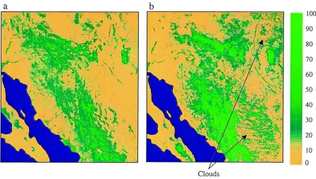 Fig. 4. GLAI maps derived from TM imagery of: (a) 21 April 1997, DOY 111; 12 September 1997, DOY 255.