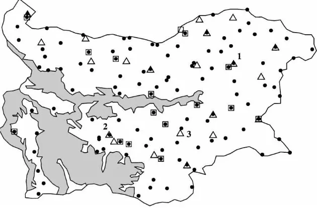 Fig. 1. Spatial distribution of weather and experimental stations in Bulgaria, used in the study: (�) weather stations with availabledata during 1961–1990; (�) weather stations with available data during 1901–1997; (△) experimental stations (1 — Carev brod, 2 —Ognjanovo, 3 — Radnevo).