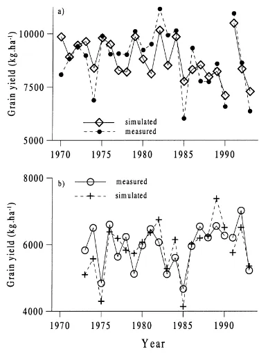 Fig. 7. Comparison between simulated and measured mean grainyield of maize (a) and winter wheat (b) at the experimental cropstations in north Bulgaria during the periods 1970–1990 for cali-bration and 1991–1993 for veriﬁcation.