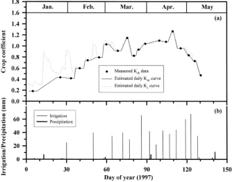 Fig. 2. Measured Kcb values for soil water depletion periods and estimated daily Kcb and Kc curves for one replicate of the Face-High N(F–H) treatment in 1996–1997 (a) and the irrigation and precipitation dates and amounts applied to the treatment during the season (b).