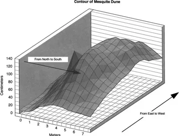 Fig. 2. Micro-topographic representation of the mesquite dune where the array of 20 soil temperature and heat ﬂow transducers werelocated in the Jornada Experimental Range.