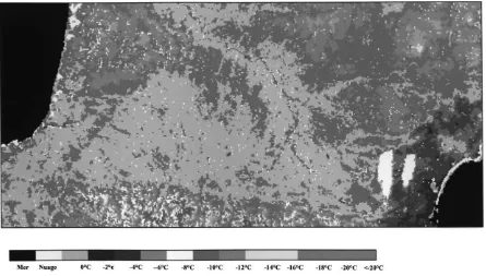 Fig. 6. Surface temperature on 25th February 1993 in the south-west of France. The algorithm used in the calculation is a linear combinationof the satellite’s AVHRR channels (split-window technique) that enables most atmospheric effects to be eliminated.