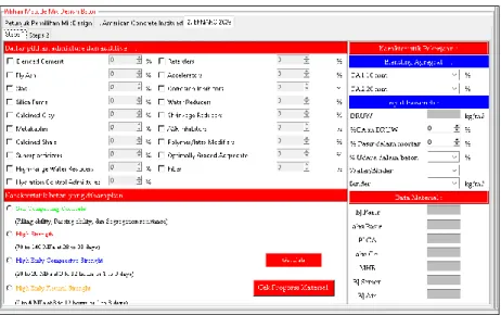 Gambar 3.9 Tampilan menu mix design EFNARC2002 BetonMuda  3.2.4 Operasi Menu Harga Produksi 