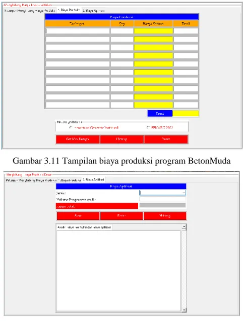Gambar 3.11 Tampilan biaya produksi program BetonMuda 