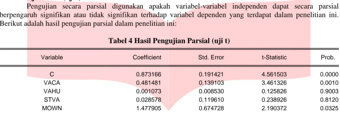 Tabel  3  nilai  probabilitas  secara  simultan  bernilai  0,001062.  Hal  ini  menunjukkan  bahwa  terdapat  pengaruh  yang  simultan  antara  variabel-variabel  independen  terhadap  variabel  dependen  yang  terdapat  dalam  penelitian ini karena nilai 