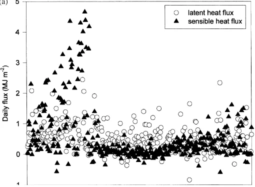 Fig. 8. (a) The mean daily latent (�) and sensible (�) heat ﬂuxes above the forest ﬂoor in 1998