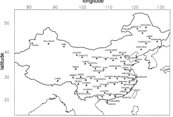 Fig. 1. Stations in the 65 station CDIAC data set. (△) Denote stations above 1500 m a.s.l.