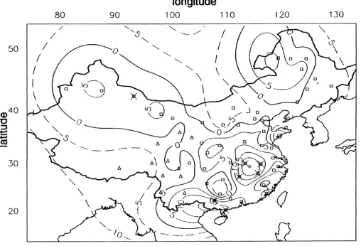 Fig. 5. Regionally averaged soil water deﬁcit (mm/growing season) from 1954–1993 for 65 stations over China