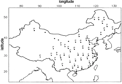 Fig. 7. Soil water deﬁcit trends (mm) over China from 1954–1993. Solid lines depict positive trends, broken lines show negative trends.Open symbols mark station locations, station symbols with a cross mark signiﬁcant non-linear trends.