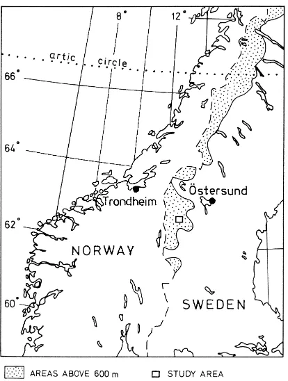 Fig. 1. The location of the study area in the southern part(62–64◦N) of the Scandinavian mountain range (Scandes)