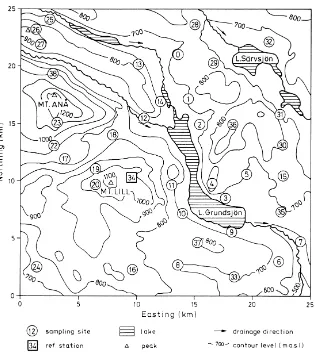 Fig. 2. Topographical map over the study area, the temperature sampling locations are shown.