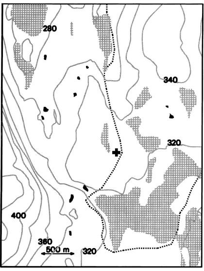 Fig. 1. Map of the micrometeorological measurement site, Kent-tärova. The black cross indicates the location of the measurementmasts