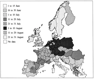 Fig. 5. Observed average date of harvest in Europe. Data from Broekhuizen (1965), Bunting et al