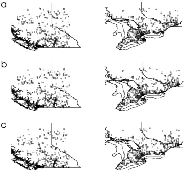 Fig. 1. Locations of climate stations used for comparison of the GIDS and ANUSPLIN spatial interpolation methods, applied to 1961–1990AES normals for study areas in British Columbia/Alberta (left) and Ontario/Qu´ebec (right)