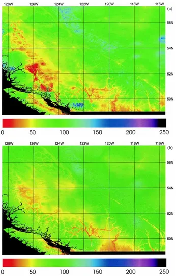 Fig. 4. Distribution of monthly mean total precipitation for July in the British Columbia/Alberta study region as predicted by (a) GIDSand (b) ANUSPLIN