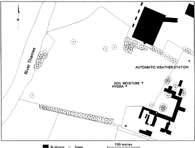 Fig. 1. A diagram showing the position of the pasture ﬁeld and associated instrumentation, all areas other than trees and buildings aregrassland.