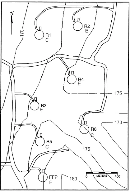 Fig. 1. Site map of FACTS-1 site within the Duke Forest with2.5 m contour intervals. The prototype ring is marked FFP and theother six rings are marked R1–R6