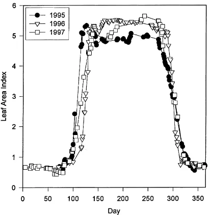 Fig. 3. Leaf area index as estimated using Beer’s Law for the 3years.