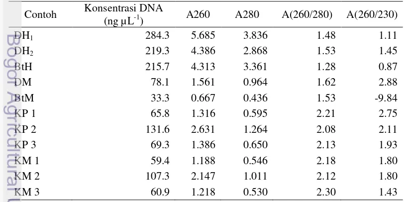 Tabel 1  Data uji kuantitatif DNA hasil isolasi modifikasi metode Doyle dan 