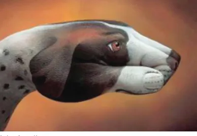 Gambar 6.11 Reky Poetra, salah satu manifestasi seni konseptual, memanfaatkan anggota tubuh (tangan kiri, yang dilukis menjadi kepala seekor anjing).