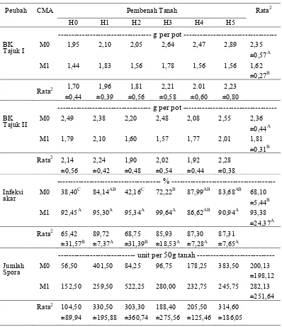 Tabel 4.  Hasil Pengamatan Bobot Kering Tajuk I, Bobot Kering Tajuk II, Infeksi Akar dan Jumlah Spora pada C.mucunoides 