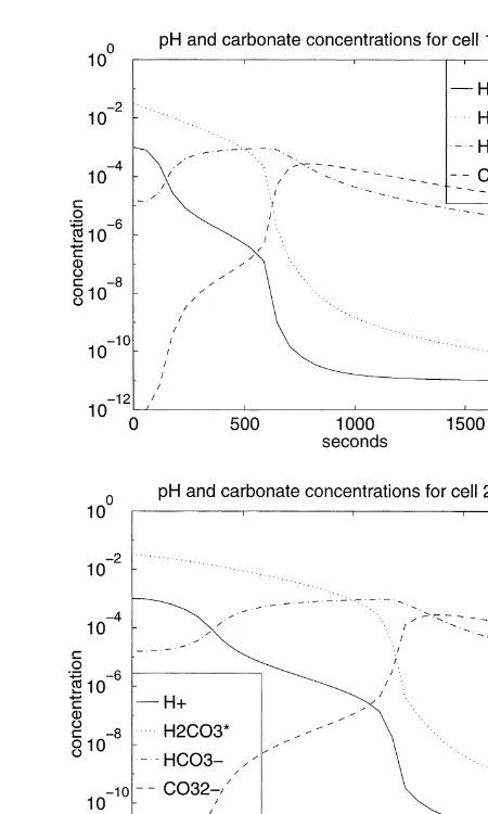 Fig. 2. Proﬁles of Hþ and aqueous carbonate species showingtransitions between dominant carbonate species: Case 1.