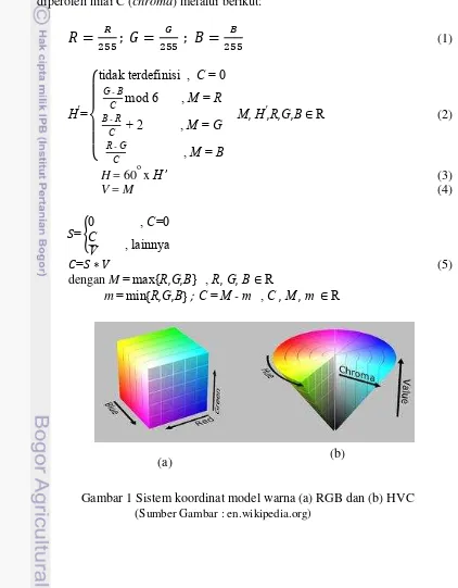 Gambar 1 Sistem koordinat model warna (a) RGB dan (b) HVC  