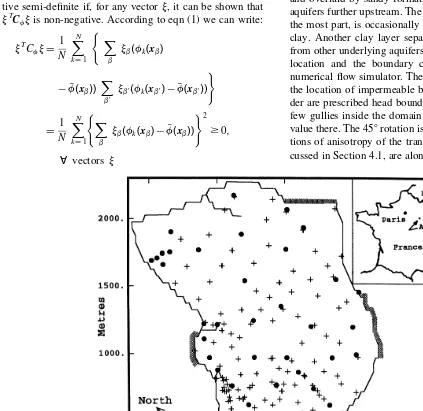 Fig. 1. Aquifer case study with boundary conditions: 41 transmissivity data (X) and 153 hydraulic head measurements ( þ ).