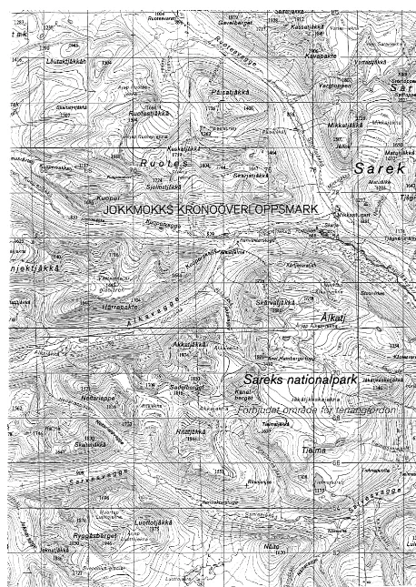Fig. 8. A topographical map of Sarek in the northwest part of the rectangular area in Fig