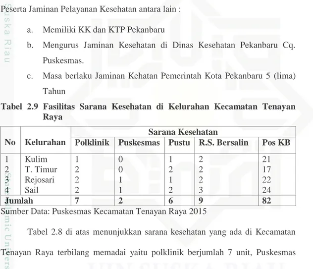 Tabel  2.9  Fasilitas  Sarana  Kesehatan  di  Kelurahan  Kecamatan  Tenayan  Raya 