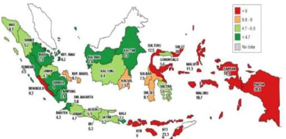 Gambar 1. Peta sebaran prevalensi malaria Tahun 2013  Sumber : (Kementerian Kesehatan RI, 2014) 