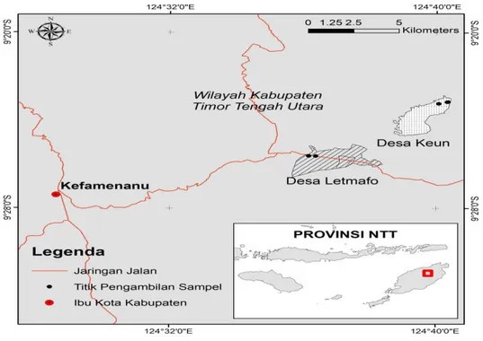 Gambar 1. Peta lokasi pengambilan sampel penelitian di Kab. TTU, Prov. NTT  Figure 1. Map of research samples were taken in TTU Regency, Province NTT 