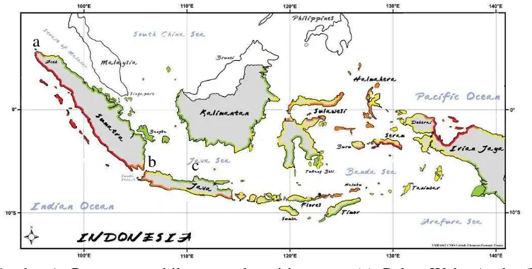 Gambar 1 Peta pengambilan contoh teritip spons (a) Pulau Weh, Aceh, (b) Kepulauan Seribu, DKI Jakarta, (c) Kepulauan Karimunjawa, Jepara 