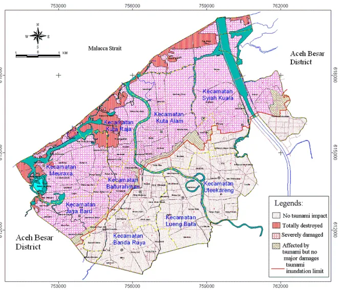 Gambar 1. Peta zona kerusakan akibat tsunami di Tahun 2004 di Kota Banda Aceh (modifikasi dari  BPN NAD, 2005)