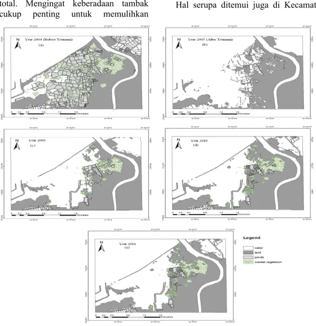 Gambar 3. Perubahan Morfologi Pantai di Kecamatan Kuta Raja, Banda Aceh dari tahun 2004 (sebelum  tsunami) hingga tahun 2011 (Syamsidik et al., 2013)