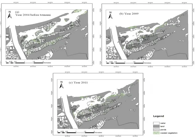 Gambar 4. Perubahan Morfologi Pantai di Kecamatan Syiah Kuala, Banda Aceh dari tahun 2004  (sebelum tsunami) hingga tahun 2011 (Syamsidik et al., 2013)