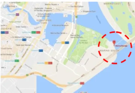 Gambar 1. Peta lokasi Marina Barrage, Singapore  Tujuan  dari  tinjauan  lapangan  adalah  agar  dapat  mengamati  secara  langsung  dan  merasakan  kondisi  tempat  yang  diteliti  serta  dapat  mengetahui  perkembangan  lokasi  tersebut