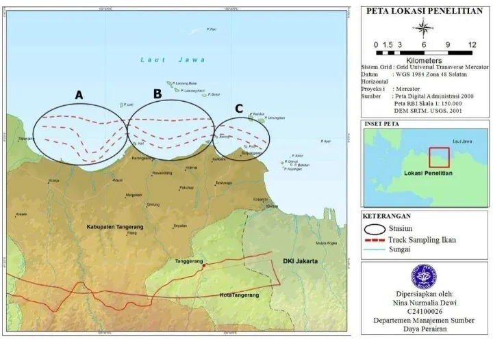 Gambar 2  Lokasi penelitian di tiga stasiun pesisir Kabupaten Tangerang (A: Kronjo, B: Cituis, C: Tanjung Pasir) 