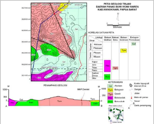 Gambar 1. Peta geologi tinjau daerah manifestasi panas bumi Momiwaren, kabupaten 