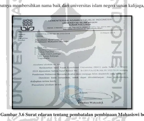 Gambar 3.6 Surat edaran tentang pembatalan pembinaan Mahasiswi bercadar 