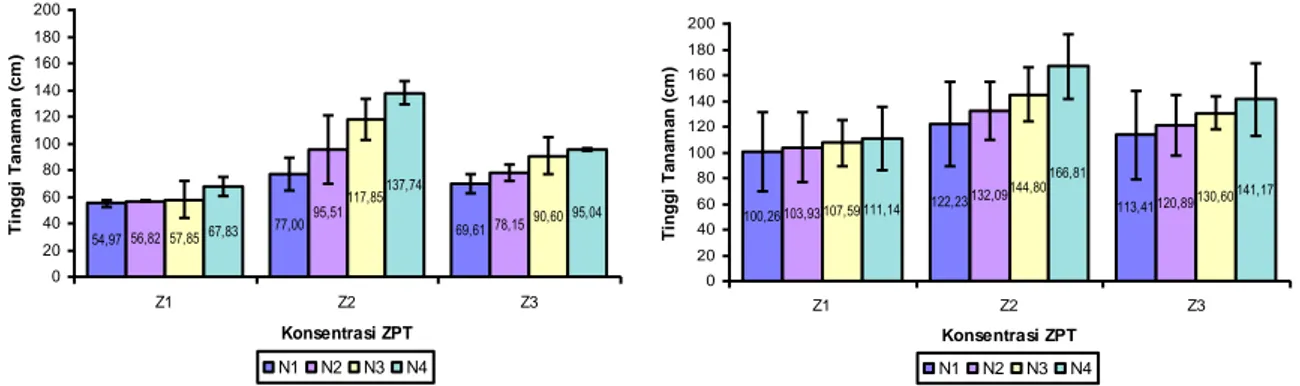 Gambar  1  dan  2.  Respons  tinggi  tanaman  umur  20  dan  30  hst  dengan  perlakuan      konsentrasi ZPT dan dosis pupuk NPK