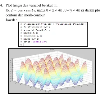 gambar yang dihasilkan dari fungsi diatas merupakan gambar berdimensi 3.  Plot fungsi dua variabel berikut ini : 