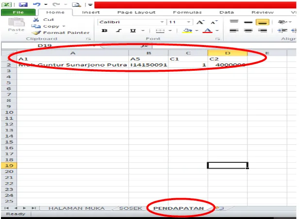 Gambar 3 Pemberian kode dan input data pada sheet “Pendapatan”